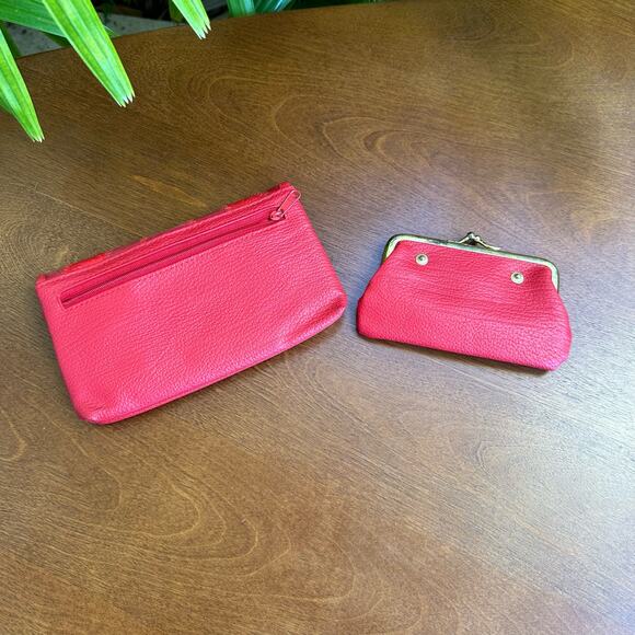 Vintage 1980s Red Leather Clutch Handbag with Attachable Coin Purse - Picture 2 of 9